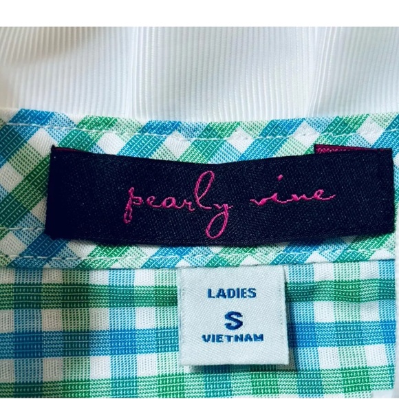 Pearly Vine Button Down Check Women's Blouse Top White Ruffle Ribbon Trim Size S - Picture 2 of 12